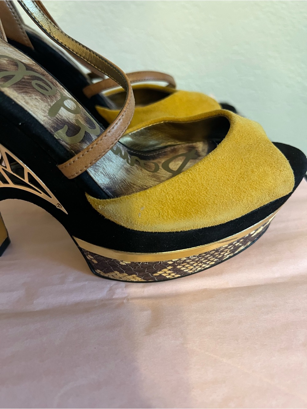 Sam Edelman Yellow Suede, Black Suede & Brown Leather Platform Heels - Picture 5 of 7